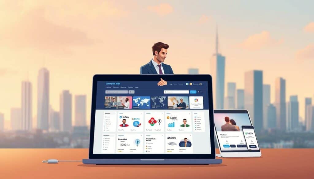 A digital marketplace for enterprise sales, featuring a sleek user interface with intuitive navigation. In the foreground, a laptop displays a web platform showcasing various product listings and business profiles. The middle ground depicts corporate executives engaging in virtual negotiations, collaborating seamlessly across devices. In the background, a cityscape skyline symbolizes the global reach and connectivity of this digital platform. Warm, diffused lighting creates a professional and inviting atmosphere, while the composition emphasizes the efficiency and accessibility of this B2B sales solution.