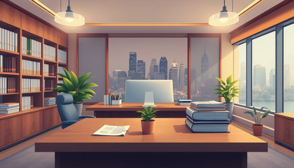 A professional, clean, and well-organized office interior with a large wooden desk, a computer monitor, a neat stack of documents, and a potted plant in the foreground. Soft, warm lighting illuminates the scene, creating a productive and welcoming atmosphere. The middle ground features bookshelves lining the walls, hinting at the legal and administrative nature of the space. In the background, a large window offers a glimpse of a bustling city skyline, suggesting the connection between the business activities and the broader commercial landscape. The overall composition conveys a sense of efficiency, organization, and the deliberate handling of important commercial matters.