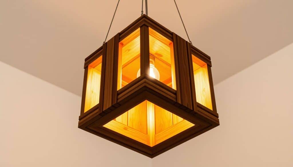 A beautifully crafted wooden ceiling lamp, its geometric design a harmonious blend of natural and industrial elements. The warm glow of the lamp casts a soft, inviting light, illuminating the space with a cozy ambiance. The lamp is suspended from the ceiling by sleek metal cables, creating a visually appealing and minimalist installation. The wooden panels are skillfully joined, showcasing the craftsmanship and attention to detail. The lamp's clean, modern silhouette complements the rustic charm of the wood, making it a perfect addition to a contemporary, Scandinavian-inspired interior.