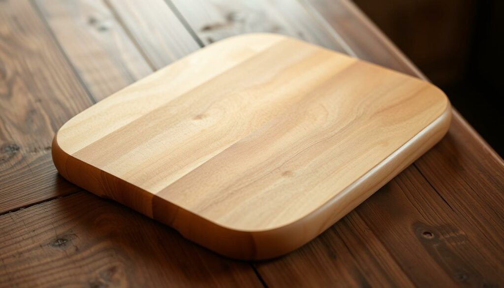 A beautifully crafted wooden cutting board rests on a rustic wooden surface, its smooth, sanded surface gleaming under the warm, softly diffused lighting. The edges have been meticulously rounded and sanded, creating a comfortable, ergonomic grip. A subtle, natural sheen from a light coating of food-safe oil or wax enhances the wood's inherent grain and color, showcasing its unique character. The overall composition conveys a sense of elegant simplicity, inviting the viewer to imagine the cutting board in use, preparing healthy, homemade meals in a cozy, welcoming kitchen.