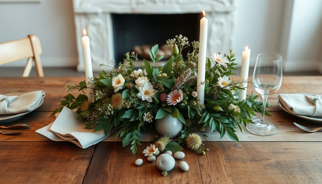 A beautifully curated natural tablescape for a special occasion. The centerpiece features an elegant arrangement of lush greenery, delicate wildflowers, and smooth river stones, artfully cascading down the middle of the rustic wooden table. Tall candles in simple glass holders cast a warm, flickering glow, complementing the earthy textures and muted color palette. Linen napkins and wooden utensils add a touch of refined simplicity. The overall scene radiates a sense of tranquility and effortless sophistication, perfect for elevating an intimate dinner party or holiday gathering.