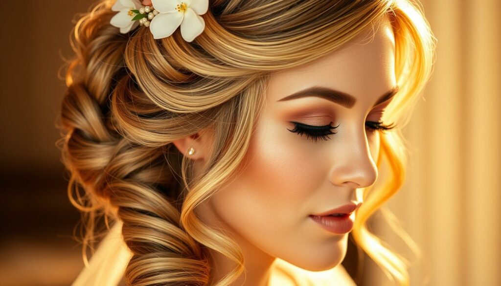 A beautifully lit close-up of an elegant wedding hairstyle, featuring intricate braids, soft waves, and delicate floral accents. The model's makeup is subtly glamorous, with a radiant glow and a touch of rose-gold eyeshadow. The lighting is a warm, golden hue, creating a romantic, dreamlike atmosphere. The focus is on the hairstyle, with the background softly blurred, allowing the styling to be the star of the composition. The angle is slightly elevated, giving a sense of poise and sophistication. The overall impression is one of timeless beauty and effortless elegance, perfectly suited for a special occasion like a wedding.
