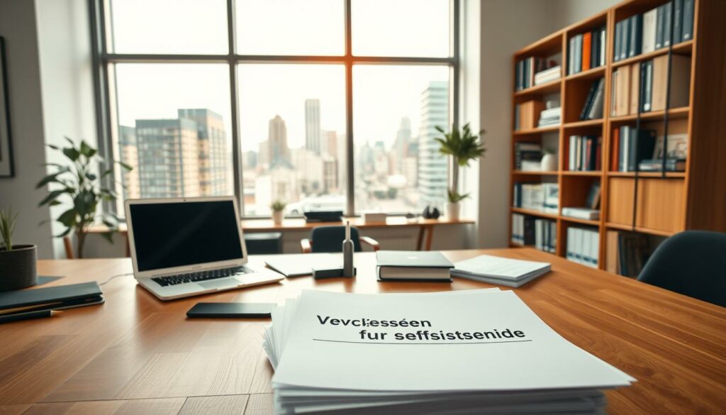 A bright, airy office interior with a wooden desk, a laptop, and various business accessories. In the foreground, a stack of documents labeled "Versicherungen für Selbstständige" sits prominently. The mid-ground features a well-organized bookshelf filled with finance and insurance-related books. The background showcases large windows overlooking a bustling cityscape, bathed in warm, natural lighting. The overall atmosphere conveys a sense of professionalism, security, and the importance of proper insurance coverage for the self-employed.