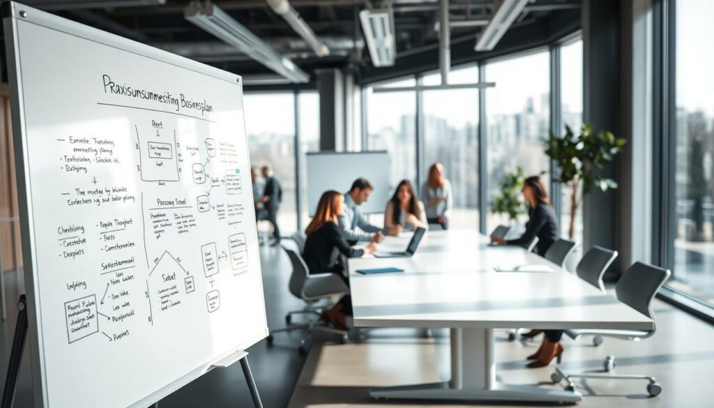 A bright and modern office interior, with a large whiteboard taking up the foreground. On the whiteboard, hand-drawn diagrams, flowcharts, and notes illustrate the process of "Praxisumsetzung Businessplan" - the practical implementation of a business plan. In the middle ground, a team of professionals in casual attire collaborate around a sleek conference table, discussing and refining their plans. The background features floor-to-ceiling windows, allowing natural light to flood the space and create a sense of openness and productivity. The overall mood is one of focused determination, with a touch of creativity and teamwork.