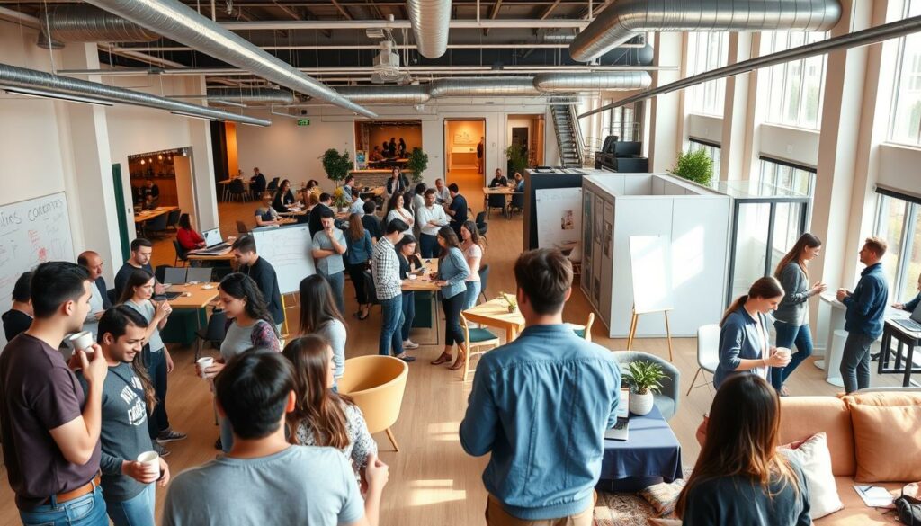 A bustling co-working space, its open floor plan bathed in warm, natural light. In the foreground, a group of young entrepreneurs engaged in lively discussion, exchanging ideas and networking over cups of coffee. The middle ground features a vibrant mix of casual seating areas and standing desks, where people collaborate on laptops and whiteboards. Toward the back, a series of private meeting rooms hint at the professional connections being forged. The overall atmosphere conveys a sense of energy, creativity, and the collective power of a supportive entrepreneurial community.