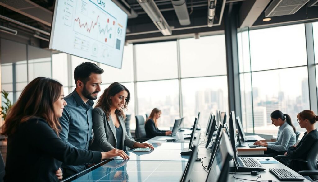 A bustling office setting, filled with the tools of digital transformation. In the foreground, a team of professionals collaborating around a sleek touch-screen display, their expressions focused and engaged. Overhead, a large projection screen showcases a visual roadmap, guiding their strategic decisions. The middle ground features an array of modern workstations, each occupied by a dedicated employee, their fingers dancing across keyboards. In the background, a panoramic window offers a glimpse of a thriving cityscape, symbolizing the broader context of a digitally-driven economy. Warm, diffused lighting casts a sense of productivity and progress, while a muted color palette evokes a professional, enterprise-level atmosphere.
