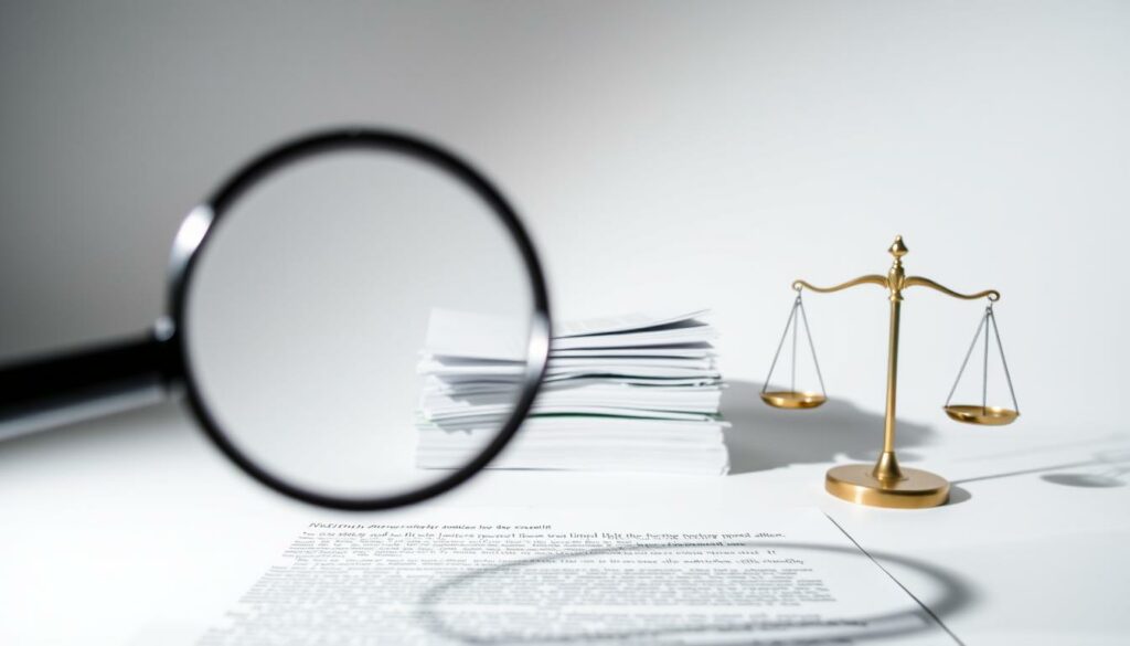 A cautionary legal document warning against suspiciously low notary fees for a GmbH (limited liability company) formation, set against a stark, minimalist background. In the foreground, a magnifying glass hovers over the fine print, casting an ominous shadow. The middle ground features a stack of papers and a stylized scale, symbolizing the importance of diligently weighing the costs and potential risks. The background is a muted, neutral palette, drawing focus to the central elements and conveying a sense of gravity. Dramatic lighting from the side casts dramatic shadows, heightening the sense of scrutiny and the need for careful consideration. The overall mood is one of vigilance and the necessity of thoroughly understanding the notary process and its associated costs.