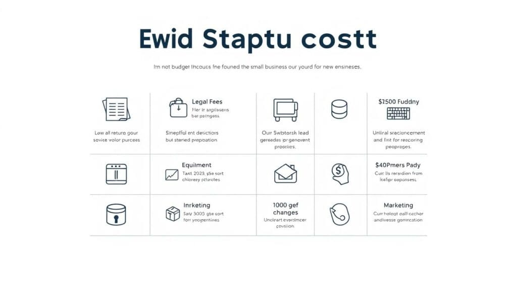 A clean, minimal visualization of the startup costs involved in founding a small business. A professional-looking infographic set against a bright, airy background, with a grid-like layout showcasing key cost categories such as legal fees, equipment, inventory, and marketing. Rendered in a modern, data-visualization style using clean lines, simple icons, and a muted color palette to convey the essential information in a clear, accessible manner. The overall impression should be one of practicality and financial clarity, guiding the viewer through the essential budget considerations for a new enterprise.