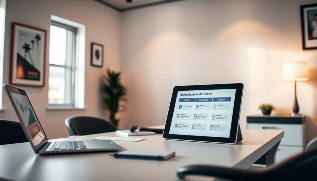 A clean, modern office interior with a well-organized desk. On the desk, a laptop, some office supplies, and a tablet displaying a step-by-step guide for "Anmeldung selbständige Tätigkeit". The walls are decorated with minimal, professional artwork. Warm, directional lighting illuminates the scene, casting subtle shadows. The overall atmosphere is one of focus, productivity, and a sense of guidance for the self-employment registration process.