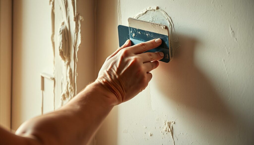 A close-up view of a skilled plasterer's hands using a trowel to apply a smooth, even layer of plaster to a freshly primed wall, capturing the intricate, yet graceful motions required to expertly fill window frames and corners. The plaster has a creamy, spreadable texture, and the worker's hands move with practiced precision, creating a seamless, flawless finish. Soft, warm lighting casts subtle shadows, highlighting the texture of the plaster and the dexterous movements of the plasterer's fingers. The scene conveys a sense of focus, professionalism, and the pride of a craftsman perfecting their trade.