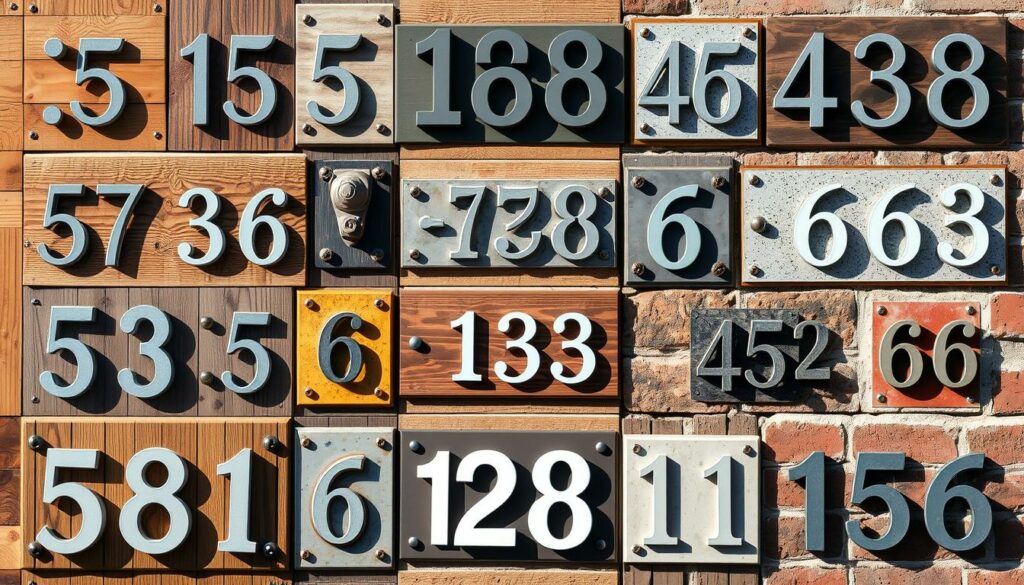 A collage of house numbers mounted on various surfaces, including wood, metal, and brick, showcased in natural lighting. The foreground displays a diverse array of house number designs, from modern minimalist to rustic vintage styles, arranged in a visually appealing layout. The middle ground features different types of mounting techniques, such as screws, adhesive, and decorative brackets, highlighting the versatility of installation options. The background captures the subtle textures and tones of the supporting surfaces, creating a cohesive and harmonious composition. The overall atmosphere conveys a sense of practical yet stylish home decor, suitable for the "Montage und Befestigung an verschiedenen Untergründen" section of the article.