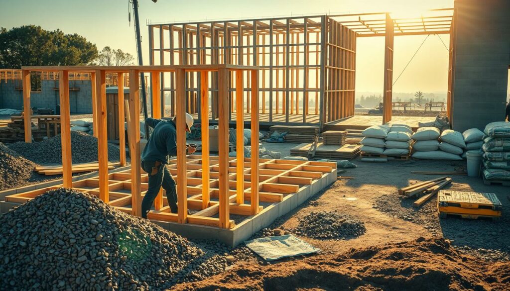 A construction site in the morning light, with a worker carefully preparing the formwork for pouring concrete. In the foreground, the worker is meticulously arranging and securing the wooden frames, ensuring a precise and sturdy structure. The middle ground features piles of gravel, cement bags, and various tools, all neatly organized and ready for the next step. In the background, the outline of a partially constructed building can be seen, hinting at the larger project underway. The scene is illuminated by a soft, natural light, casting long shadows and creating a sense of depth and perspective. The atmosphere is one of focused preparation, with the worker's attention to detail and the orderly layout of the site conveying a sense of professionalism and expertise.