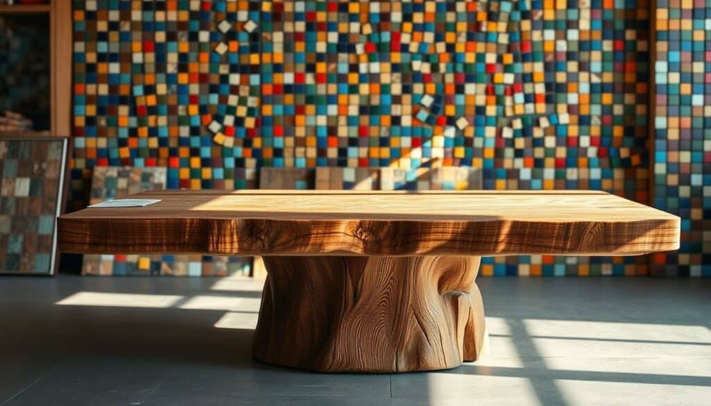 A contemporary wooden table base with a rustic, textured finish stands prominently in the center of the frame. Soft, natural lighting from above creates warm highlights and subtle shadows, emphasizing the organic grain and contours of the material. In the background, an array of colorful mosaic tiles in a variety of hues and patterns is displayed, suggesting the endless possibilities for customizing the tabletop surface. The overall scene conveys a sense of craftsmanship, creativity, and the opportunity to design a truly unique, one-of-a-kind mosaic table.