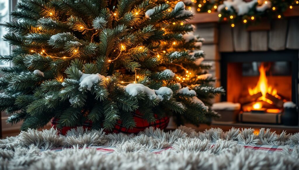 A cozy Christmas scene featuring a lush, verdant pine tree draped in a twinkling garland of warm, golden fairy lights. The lights cast a soft, inviting glow, illuminating the intricate patterns of the tree's branches and casting gentle shadows across the surrounding snow-dusted landscape. In the foreground, a thick, plush rug in a rich, festive tartan pattern adds a touch of holiday charm, while in the background, a crackling fireplace and a glimpse of a snow-covered windowpane evoke a sense of winter wonderland. The overall mood is one of festive hygge, capturing the essence of the holiday season.