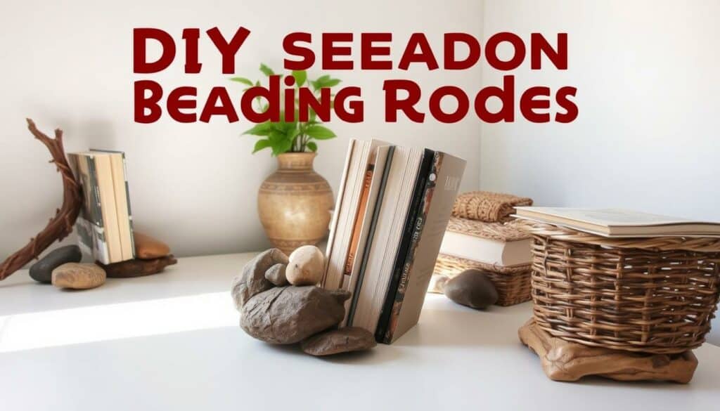 A cozy DIY reading nook with handmade book supports crafted from earthy, natural materials. In the foreground, a collection of smooth river rocks, twisted driftwood, and woven wicker baskets elegantly hold up a stack of well-worn books. Soft, diffused lighting bathes the scene, casting gentle shadows and highlighting the organic textures. In the middle ground, a lush potted plant and a vintage ceramic vase add pops of greenery and warmth. The background features a minimalist white wall, allowing the homemade book supports to take center stage as the beautiful, functional focal point. An atmosphere of rustic charm and literary passion pervades the intimate, inviting tableau.