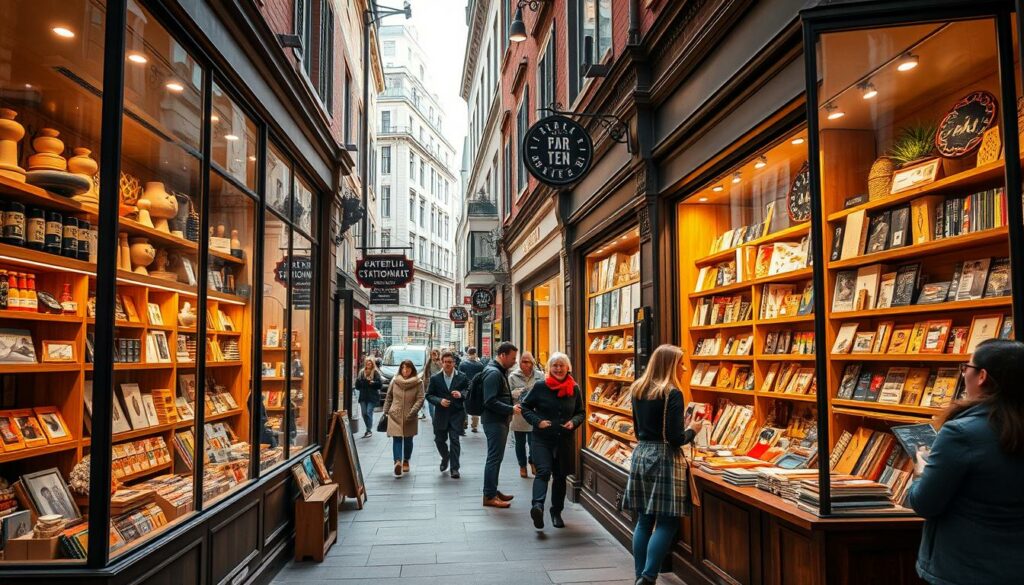 A cozy and inviting stationärer handel (brick-and-mortar store) set in a bustling city street. The storefront features large display windows showcasing an array of carefully curated products, from handcrafted goods to the latest trends. Warm lighting bathes the interior, creating a welcoming atmosphere. In the middle ground, customers browse the shelves, discussing their finds with attentive sales staff. The background reveals a lively urban landscape, with pedestrians strolling by and the occasional passing car. The overall scene conveys a sense of community, tradition, and the personal touch that only a physical retail space can provide.