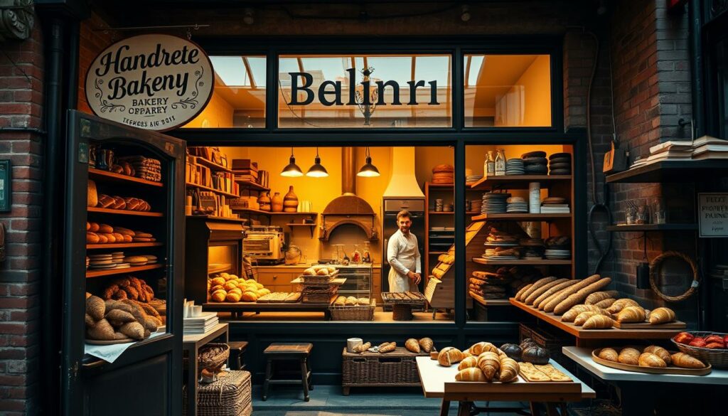 A cozy, artisanal bakery nestled in a charming Berlin neighborhood, its storefront adorned with intricate, hand-painted signage. Through the large windows, glimpse the warm glow of a wood-fired oven and the skilled bakers hard at work, crafting an array of freshly baked sourdough loaves, flaky croissants, and decadent pastries. The interior evokes a timeless, rustic ambiance, with exposed brick walls, antique furnishings, and a inviting, communal atmosphere. Sunlight filters in, creating a soft, natural illumination that highlights the rich textures and colors of the baked goods. The scene radiates a sense of tradition, artistry, and a deep appreciation for the craft of baking.