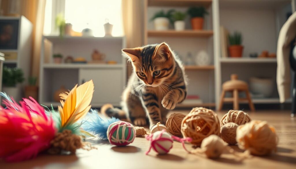 A cozy domestic scene, bathed in warm, soft lighting. In the foreground, an assortment of handcrafted cat toys - colorful feathers, crinkly paper, and playful yarn balls. In the middle ground, a curious feline inspects the homemade treats, its paws delicately reaching out. The background features a tidy, minimalist living space, with simple shelves and potted plants, conveying a sense of tranquility and safety. The overall atmosphere is one of comfort and care, emphasizing the importance of responsible, pet-friendly craftsmanship.