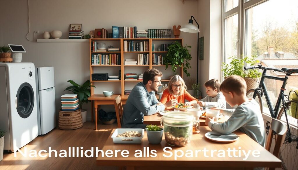 A cozy living room with natural light filtering through large windows, showcasing sustainable lifestyle choices. In the foreground, a family gathers around a wooden dining table, enjoying a simple but nourishing meal. The middle ground features an energy-efficient appliance, a stack of reusable storage containers, and a potted plant thriving on the windowsill. The background reveals a bookshelf filled with eco-friendly guides, a solar-powered lamp, and a bicycle leaning against the wall, ready for a sustainable commute. The overall atmosphere is one of comfort, efficiency, and a mindful approach to everyday life, reflecting the concept of "Nachhaltigkeit als Sparstrategie".