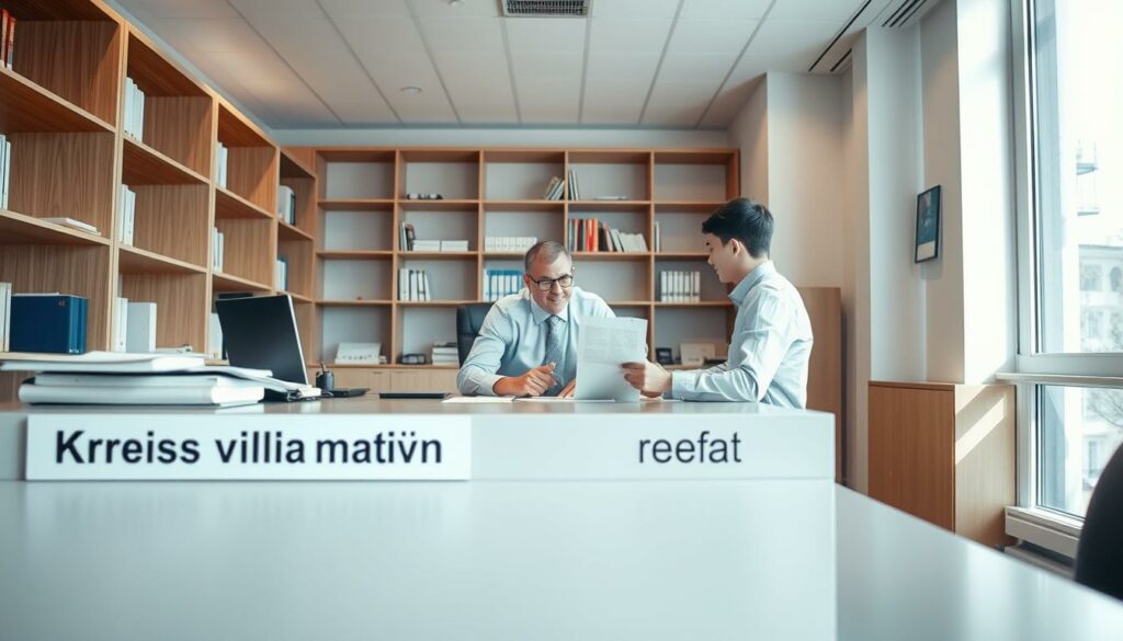 A cozy office interior, the desk adorned with a nameplate reading "Kreisverwaltungsreferat". A professional-looking person, dressed in a crisp button-down shirt and slacks, is seated at the desk, gesturing warmly as they discuss paperwork with a client. The walls are lined with neat bookshelves, conveying a sense of order and efficiency. Soft, diffused lighting filters in through a large window, casting a calm, reassuring glow over the scene. The atmosphere is one of professionalism and helpful bureaucracy, reflecting the process of scheduling an appointment for a business registration.