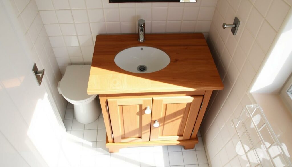 A cozy, well-lit bathroom with a homemade vanity featuring a wooden tabletop countertop resting on a repurposed wooden cabinet or dresser base. The vanity has a clean, minimalist design with soft, natural lighting accentuating the wood grain. The vanity is situated against a white tiled wall, complemented by simple, modern bathroom fixtures like a faucet and sink. The overall atmosphere conveys a sense of rustic charm and DIY craftsmanship, perfectly suited for the "Schritt-für-Schritt-Anleitung: Kommode zum Waschtisch umbauen" section.