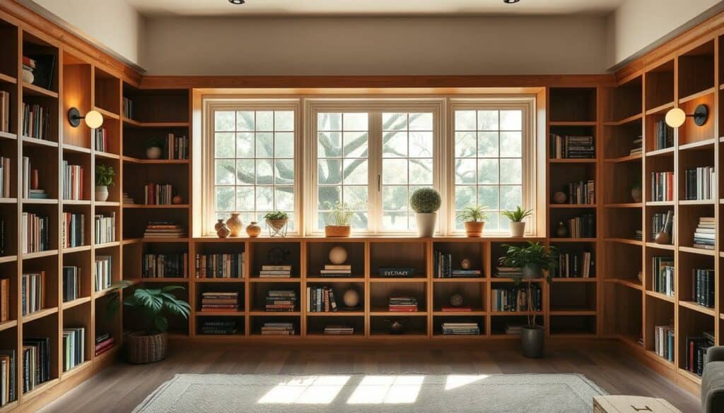 A cozy, well-lit home library corner featuring a custom-built wooden bookshelf. The bookshelf has a clean, Scandinavian-inspired design with simple lines and natural wood grain. It spans the entire wall, providing ample space to display a collection of hardcover books, decorative objects, and potted plants. Soft, diffused lighting from wall-mounted sconces casts a warm glow, creating a inviting and intimate atmosphere. The bookshelf is strategically positioned in front of a large window, allowing natural light to flood the space and highlighting the beautiful wooden textures. The overall scene conveys a sense of order, functionality, and a love for the written word.