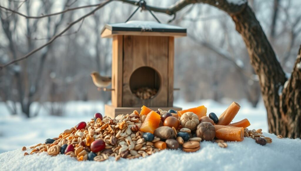A cozy winter scene depicting a variety of tasty bird treats arranged in a rustic wooden feeder. The foreground features an assortment of seeds, suet, and dried fruits carefully placed to attract a variety of avian visitors. The middle ground shows the weathered feeder station, crafted from natural wood, suspended from a tree branch. In the background, a snowy landscape with bare trees and a soft overcast sky creates a serene and peaceful atmosphere. The lighting is soft and diffused, highlighting the natural textures and colors of the scene. The overall composition conveys a sense of warmth, comfort, and care for the local bird population during the harsh winter months.
