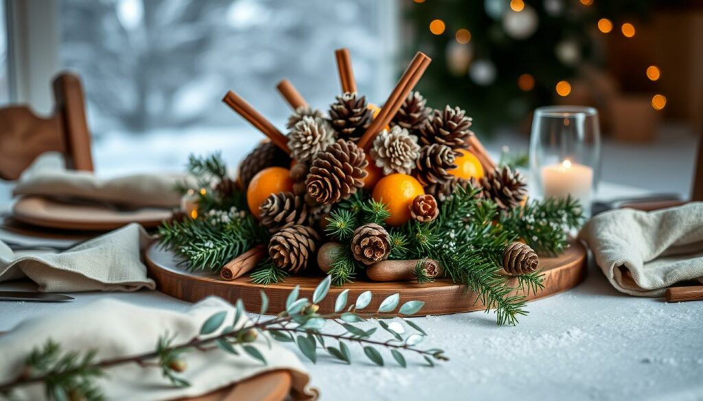 A cozy winter tablescape, adorned with natural elements: a centerpiece of pinecones, dried oranges, and cinnamon sticks, casting a warm glow under soft, diffused lighting. In the foreground, delicate sprigs of evergreen and a scattering of silver-tipped leaves, complemented by the muted tones of linen napkins and a wooden platter. The background features a subtle, snowy backdrop, evoking the tranquility of a winter wonderland. The overall scene radiates a sense of festive charm and rustic elegance, perfect for this season's intimate gatherings.