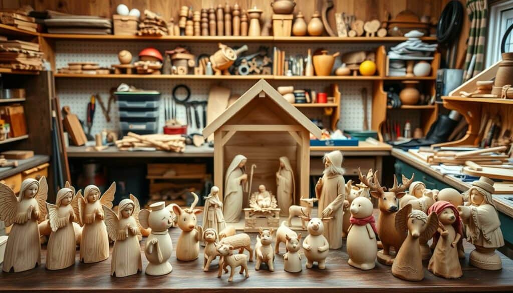 A cozy workshop filled with handcrafted wooden figurines and nativity scenes. In the foreground, a table showcases intricate carved angels, snowmen, and reindeer, each detail meticulously rendered. In the middle ground, a half-finished crèche takes shape, with the beginnings of Mary, Joseph, and the baby Jesus. The background reveals shelves stocked with unfinished projects, tools, and a warm, natural-light-filled environment. The scene exudes a rustic, homespun charm, inviting the viewer to imagine the joy of creating these meaningful holiday decorations by hand.