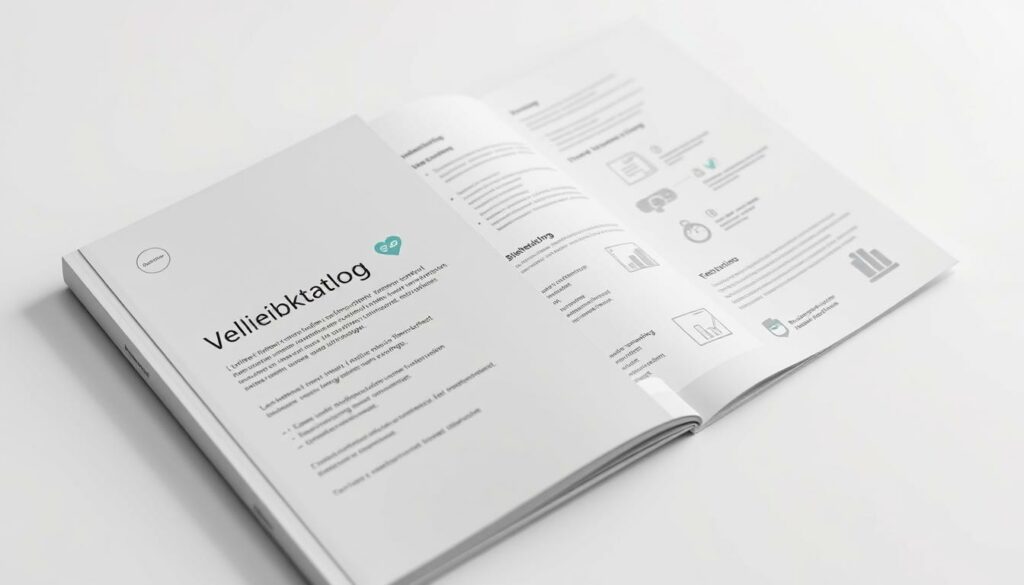 A detailed and professionally designed tax consultant service catalog, showcased on a clean white background. The catalog features a minimalist cover with a modern sans-serif title, "Leistungskatalog Steuerberater", in a muted color palette. The pages inside display a well-organized layout with clear section titles, concise service descriptions, and simple iconography to visually communicate the various offerings. The overall aesthetic conveys a sense of professionalism, efficiency, and attention to detail, creating a trustworthy impression for potential clients. Subtle use of light, shadow, and depth of field emphasizes the high-quality production values of this important business document.