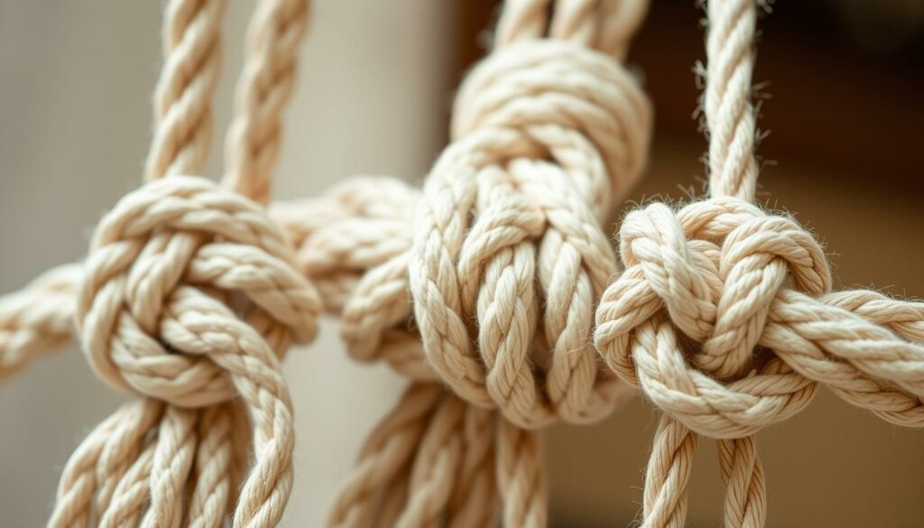 A detailed close-up shot of various macrame knots, including the square knot, the spiral knot, and the half hitch knot. The knots are rendered in natural light, with a soft, diffused lighting that highlights the intricate textures and patterns of the twisted cords. The image is focused on the foreground, with a shallow depth of field that blurs the background, creating a sense of depth and focus on the knot details. The overall mood is one of craftsmanship and handmade artistry, reflecting the DIY nature of the subject matter.