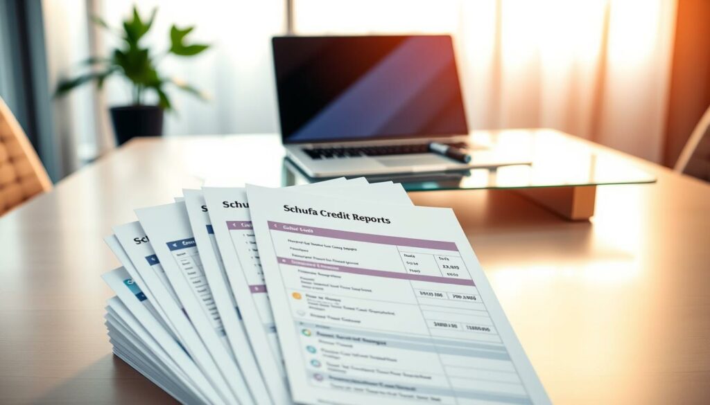 A detailed comparison of different Schufa credit reports, showcasing their key features and differences. The image depicts a modern office setting, with a clean and minimalist aesthetic. In the foreground, a stack of Schufa credit reports is prominently displayed, each with a distinct design and layout. The middle ground features a sleek, glass-topped desk, with a laptop and a pen resting on it, conveying a sense of professionalism and attention to detail. The background is softly blurred, creating a sense of depth and focus on the main subject matter. The lighting is warm and natural, creating a welcoming and informative atmosphere. The overall composition aims to visually communicate the comparative analysis of Schufa credit reports, making it an engaging and informative visual accompaniment to the article.