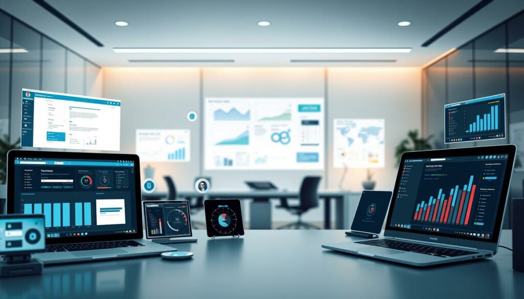A detailed comparison of digital tax assistance tools, showcasing their features and capabilities. In the foreground, various software icons and interfaces are meticulously rendered, highlighting the user experience and functionality. In the middle ground, abstract data visualizations and infographics convey the analytical power of these digital solutions. The background features a sophisticated, minimalist office setting with clean lines and muted tones, creating a professional and authoritative atmosphere. The lighting is soft and even, emphasizing the digital nature of the subject matter. The overall composition is balanced and visually striking, capturing the essence of modern tax preparation in the digital age.