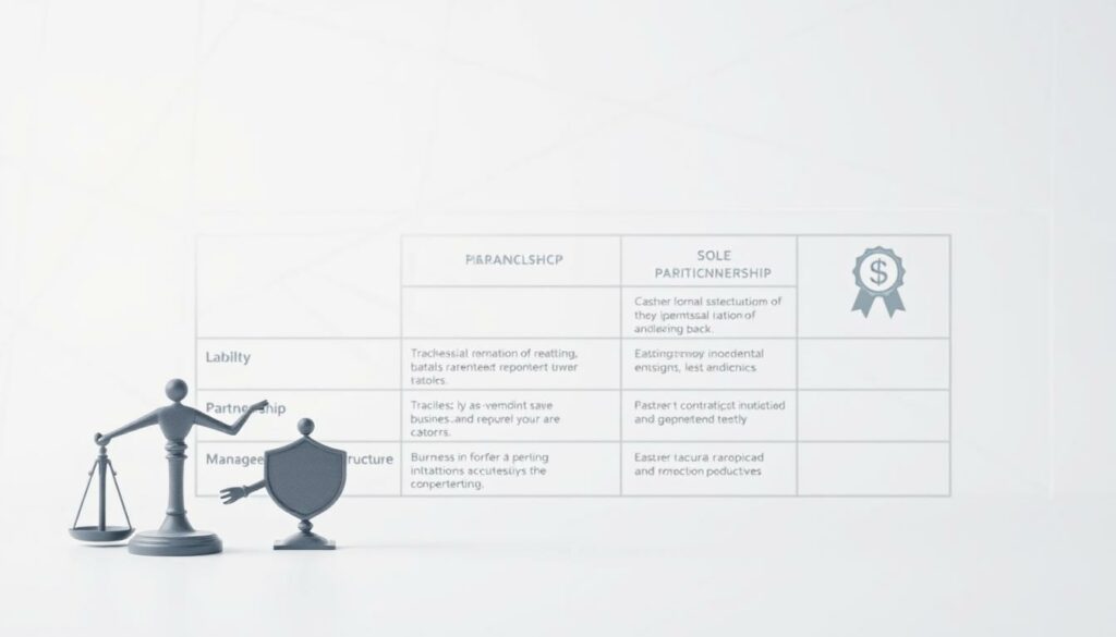 A detailed comparison of various legal forms, presented in a clean and professional style. In the foreground, elegant icons or symbols representing different business structures, such as a corporate logo, partnership handshake, and sole proprietorship badge. The middle ground features a tabular layout showcasing key attributes like liability, taxation, and management structure for each legal form. The background is a neutral, light-colored backdrop with subtle grid lines or geometric patterns, creating a sense of organization and balance. The overall mood is informative, analytical, and visually engaging, suitable for illustrating a section on the costs of GmbH formation.
