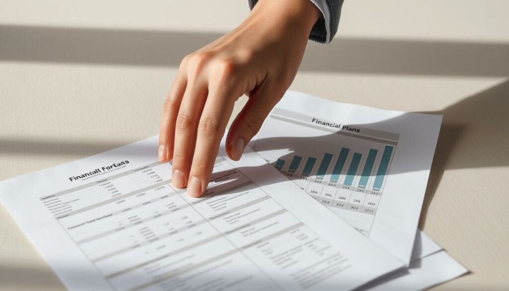A detailed financial plan laid out on a desk, with a hand reaching in to cross out or erase unrealistic forecasts. The background is a neutral, muted tone, allowing the financial documents and the gesture to be the focal point. Soft, natural lighting casts gentle shadows, creating a sense of thoughtfulness and intention. The overall mood is one of careful consideration, with the aim of avoiding common financial planning pitfalls. The composition emphasizes the importance of realistic projections in crafting a successful financial strategy.