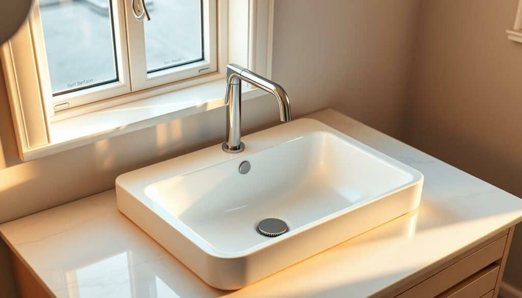 A detailed, high-resolution 4K photographic scene of a modern bathroom vanity top with a built-in undermount sink and a sleek chrome faucet assembly. The sink is positioned on a clean, white marble countertop, with ample space around it for toiletries and accessories. Warm, natural lighting from a window softly illuminates the scene, creating a serene and inviting atmosphere. The faucet features simple, minimalist lines that complement the overall aesthetic. The camera angle captures the installation process, showcasing the proper mounting of the sink and faucet with precision and care.