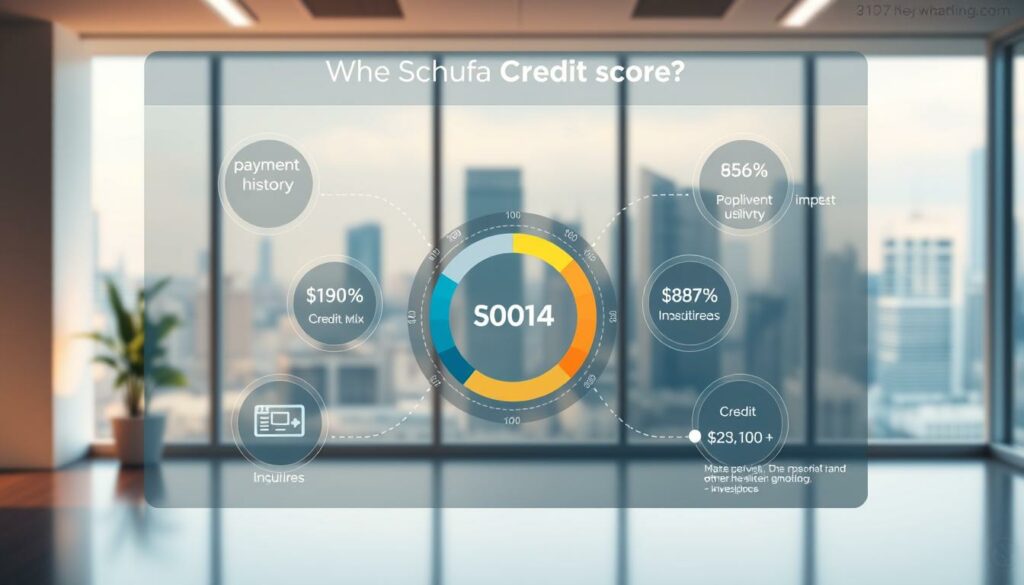 A detailed illustration of the key factors influencing an individual's Schufa credit score. The image depicts a modern financial dashboard with clear infographic elements. In the foreground, a series of circular data visualizations showcase the weighted impact of payment history, credit utilization, credit mix, and credit inquiries. The middle ground features a centralized Schufa score dial, surrounded by numerical stats and icons representing the underlying credit-related behaviors. The background showcases a clean, minimalist office environment with a large window overlooking an urban skyline, conveying a sense of professionalism and financial stability. Soft, warm lighting and a subtle depth of field create a polished, authoritative aesthetic.