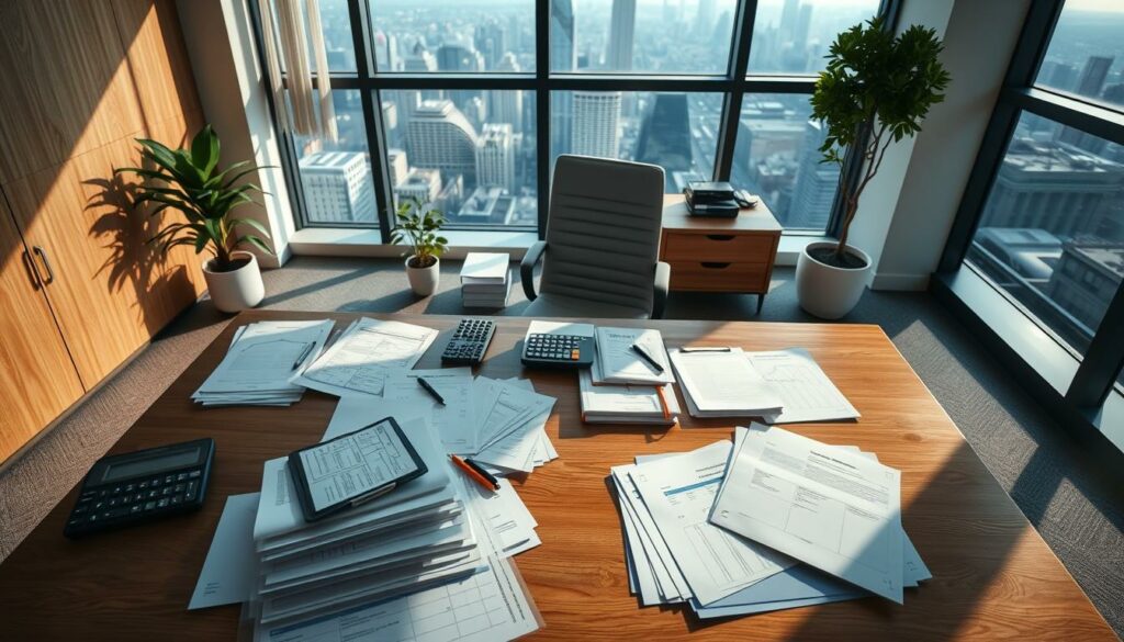 A detailed overhead view of a modern corporate office interior, focused on a large oak desk with a computer, paperwork, and a calculator. The lighting is soft and natural, casting gentle shadows. In the foreground, a neatly organized array of financial documents and ledgers are arranged, conveying a sense of precision and diligence. The middle ground features a sleek, minimalist office chair and a potted plant, while the background showcases floor-to-ceiling windows overlooking a bustling city skyline. The overall atmosphere is one of focused professionalism and attention to detail, perfectly capturing the essence of "Berechnung Notarkosten GmbH".