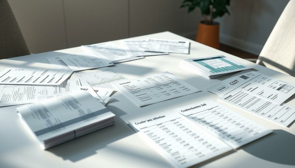 A detailed, well-lit illustration of the key costs associated with founding a German GmbH (limited liability company). The scene depicts a table with various financial documents, receipts, and cost estimates neatly organized, surrounded by a neutral, professional office environment. The lighting is clean and directional, creating subtle shadows and highlights to accentuate the financial paperwork. The overall mood is one of careful planning and precision, reflecting the importance of understanding the startup costs involved in establishing a new GmbH business. The composition emphasizes the clarity and attention to detail required when budgeting for a GmbH formation.