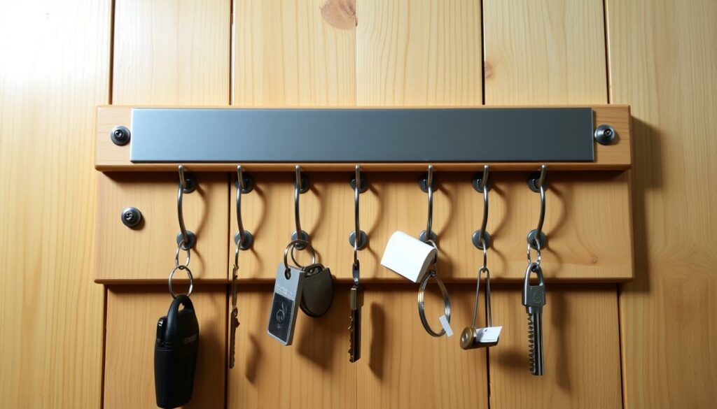 A detailed, well-lit photograph of a handmade key holder with a magnetic strip mounted on a wooden wall. The key holder features several metal hooks arranged in a symmetrical pattern, allowing for easy and organized storage of keys. The magnetic strip runs horizontally across the top, providing a convenient place to attach notes, reminders, or small items. The wooden wall has a natural, rustic finish, creating a warm and inviting atmosphere. The lighting is soft and diffused, highlighting the textures and colors of the materials used. The overall composition is balanced and visually appealing, showcasing the functionality and craftsmanship of the key holder.