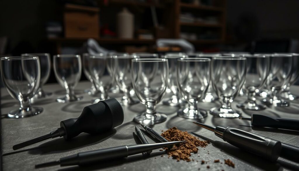 A dimly lit glass workshop, the surface covered in a selection of drinking glasses awaiting their transformation. Soft, diffused lighting illuminates the scene, casting gentle shadows that accentuate the curves and contours of the vessels. In the foreground, a collection of etching tools and abrasive materials are neatly arranged, ready to be employed in the delicate process of glass engraving. The middle ground features the glasses themselves, their pristine surfaces primed and prepared for the intricate designs that will soon be carved into them. In the background, a blurred yet recognizable workbench and shelves suggest a well-equipped workspace dedicated to the art of personalized glassware. The overall atmosphere is one of focused, meticulous preparation, setting the stage for the creative expression to come.