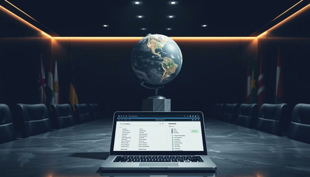 A dimly lit international business conference room, with a towering globe sculpture on a sleek marble table as the centerpiece. In the foreground, an open laptop displays search results from various national business registries, reflecting the global nature of modern commerce. Sophisticated lighting casts dramatic shadows, conveying the gravity and complexity of international trade research. The walls are adorned with flags from around the world, emphasizing the global perspective. An atmosphere of professional deliberation and intellectual inquiry pervades the scene, appropriate for illustrating the "Internationale Handelsregistersuche" section of the article.