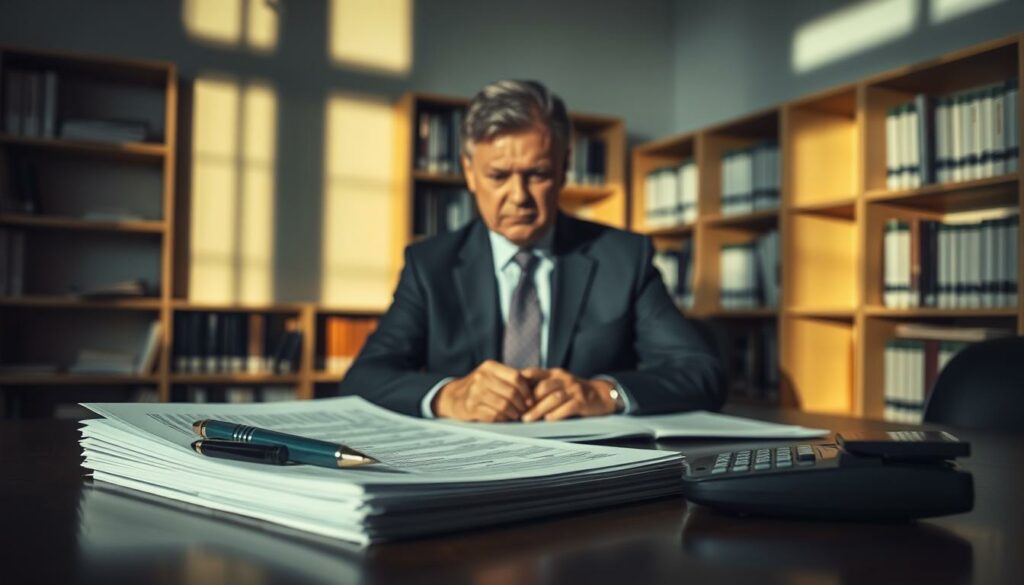 A dimly lit office interior, with a desk in the foreground featuring a stack of documents, a pen, and a calculator. In the middle ground, a stern-looking middle-aged person, dressed in a formal suit, appears to be reviewing the paperwork intently. The background features a bookshelves lining the walls, casting soft shadows across the scene. The overall atmosphere is one of seriousness and attention to detail, conveying the sense of obligation and importance associated with the legal requirement for tax consulting.