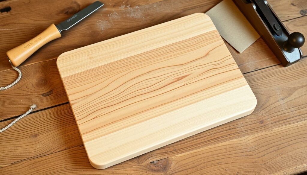A handmade wooden cutting board sits on a rustic wooden surface, its smooth, sanded surface gleaming in the soft, natural lighting. The board is made from high-quality maple or oak, its grain pattern beautifully accentuated. Nearby, a set of carpenter's tools, including a chisel, plane, and sandpaper, are arranged neatly, hinting at the DIY process of its creation. The warm, earthy tones of the wood and the clean, minimalist design evoke a sense of craftsmanship and practicality, perfectly suited for the kitchen. The overall scene conveys a harmonious blend of function and aesthetics, capturing the essence of a homemade cutting board.