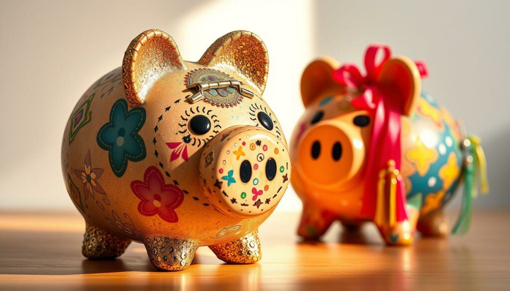 A highly detailed, brightly lit image of various decorative techniques applied to a colorful, handcrafted piggy bank. The foreground showcases intricate patterns, textures, and embellishments, such as painted designs, decoupage, glitter, ribbons, and tassels. The middle ground features the bank's diverse shape and form, highlighted by a warm, natural lighting. The background provides a clean, minimalist setting, allowing the decorative masterpiece to take center stage. The overall composition conveys a sense of whimsical creativity, inspiring the viewer to explore the endless possibilities of personalizing a simple savings container.