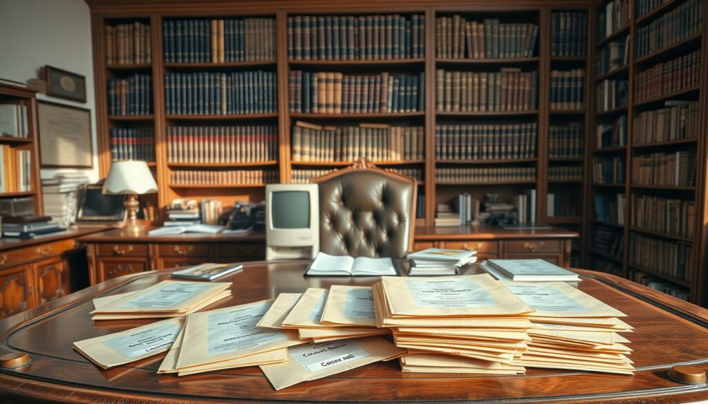 A large, ornate wooden desk sits in a sunlit office, its surface adorned with various business documents and a vintage desktop computer. Behind it, a floor-to-ceiling bookshelf filled with legal tomes and reference materials dominates the scene. Scattered across the desk are several manila folders, each labeled with different search criteria for the German commercial register, such as company name, address, and registration number. The warm, professional atmosphere evokes the serious, detailed process of researching a company's details through the commercial register.