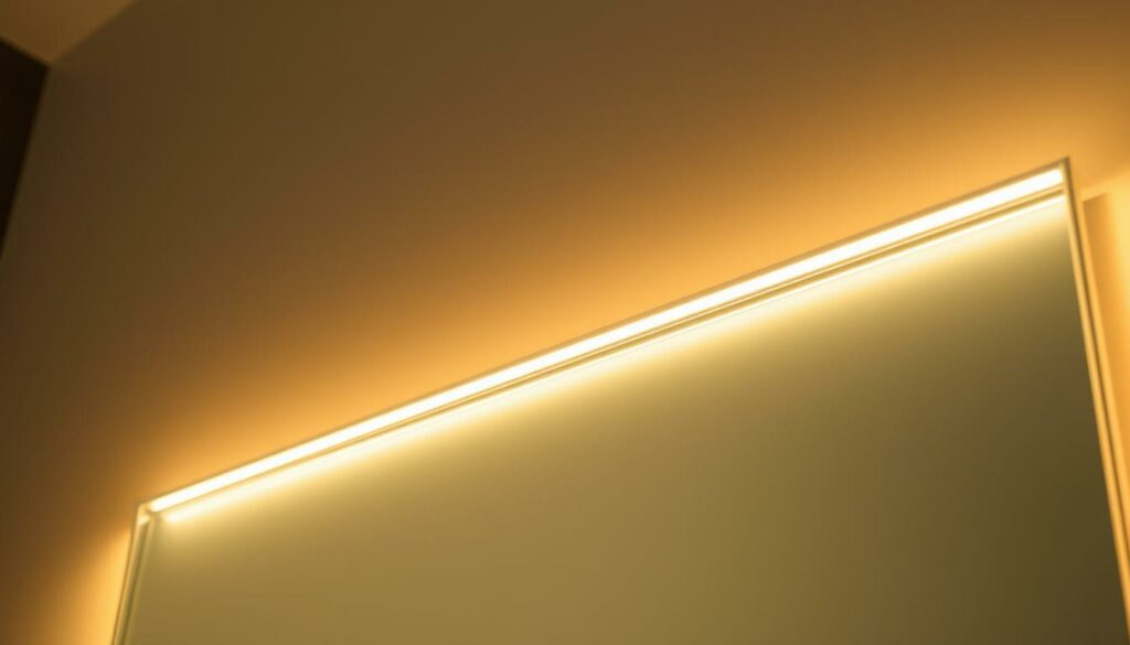 A meticulously crafted, neatly installed LED strip illuminates the edge of a sleek, frameless mirror, bathing the surroundings in a warm, ambient glow. The installation is seamless, the LED strip discreetly tucked away, creating an elegant, minimalist aesthetic. Subtle shadows dance across the mirror's surface, adding depth and dimension to the scene. The lighting is carefully diffused, ensuring an even, flattering illumination that enhances the mirror's reflective qualities. The overall effect is one of understated sophistication, transforming a simple bathroom mirror into a captivating focal point.