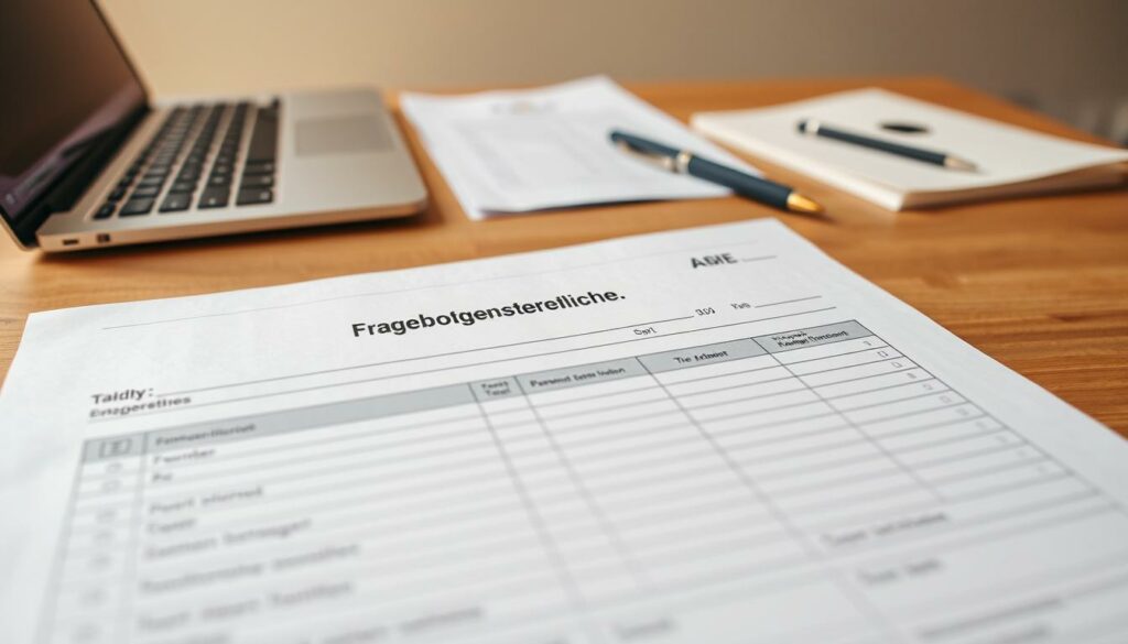 A meticulously detailed document titled "Fragebogen steuerliche Erfassung" filling the foreground, with a clean and organized layout showcasing various tax-related fields and checkboxes. In the middle ground, a professional-looking desk with a laptop, pen, and other office supplies, conveying a sense of diligent preparation. The background features a warm, yet muted color palette, creating a serene and focused atmosphere, ideal for a self-employed coach's practical steps towards entrepreneurship. Soft, natural lighting illuminates the scene, enhancing the sense of professionalism and attention to detail.