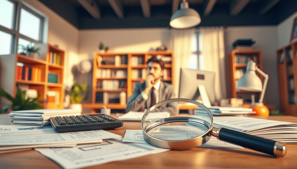 A meticulously rendered 3D illustration of the financial and legal considerations for self-employment, captured with a wide-angle lens in a warm, inviting office setting. In the foreground, a calculator, magnifying glass, and various documents symbolize the tax implications and paperwork involved. The middle ground features a thoughtful entrepreneur contemplating these details, surrounded by bookshelves and a computer, hinting at the research and planning required. The background evokes a cozy, sunlit atmosphere, conveying a sense of preparedness and entrepreneurial confidence.