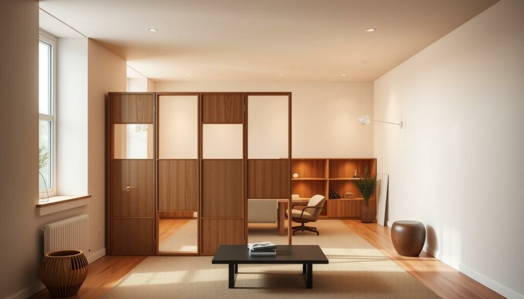 A minimalist, modern interior with a sleek, custom-built room divider. The divider features a clean, geometric design with alternating wood and glass panels, creating a beautiful, airy effect. Warm, indirect lighting illuminates the space, casting soft shadows and highlighting the natural textures. The overall atmosphere is one of tranquility and sophistication, reflecting the section's focus on "Kreative Gestaltungsideen für Ihre Trennwand". The scene is captured from a slightly elevated perspective, allowing the viewer to appreciate the thoughtful, harmonious composition of the space.